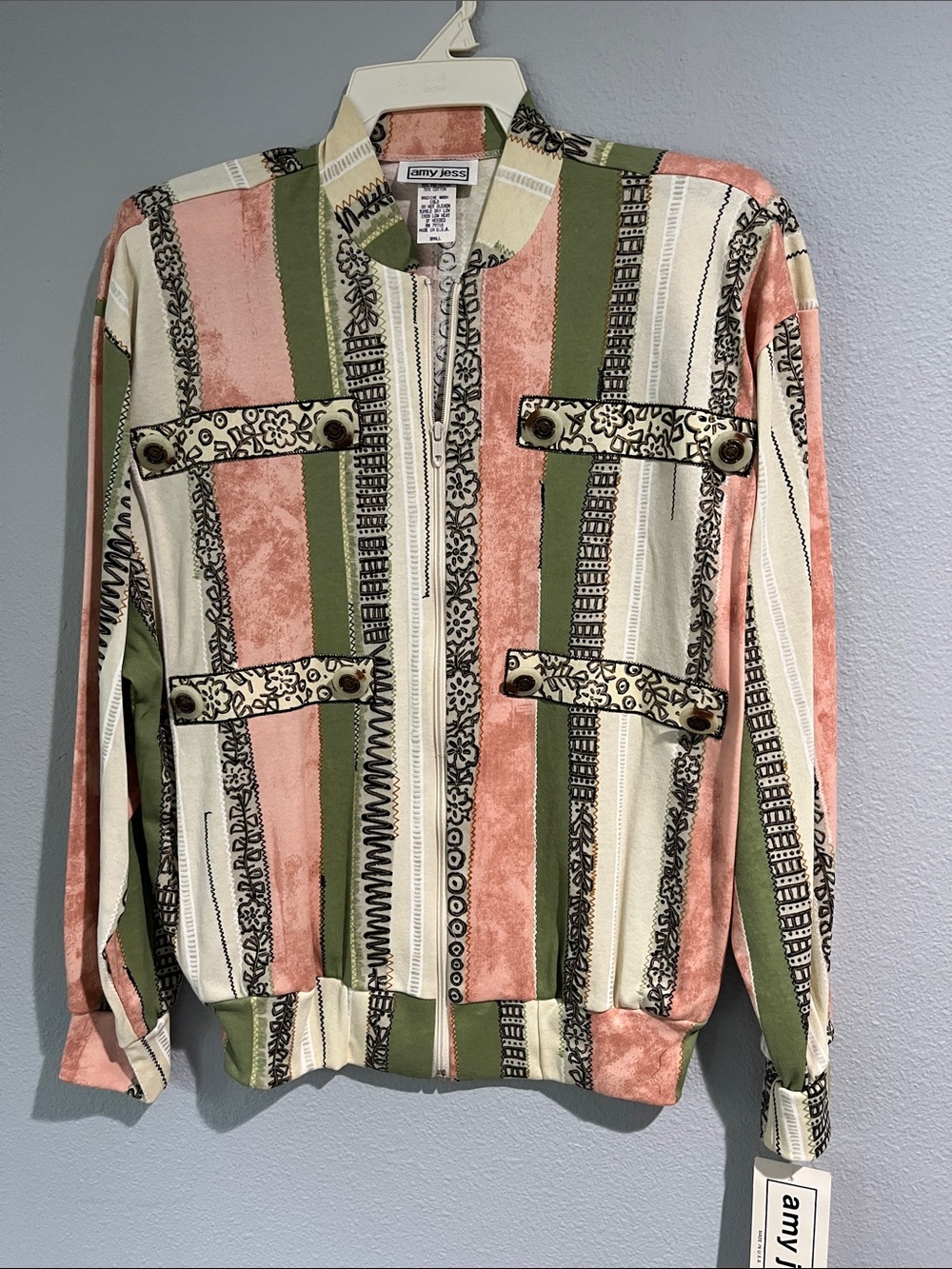 With Tags - Vintage Amy Jess Pink & Olive Striped Bomber Jacket Small